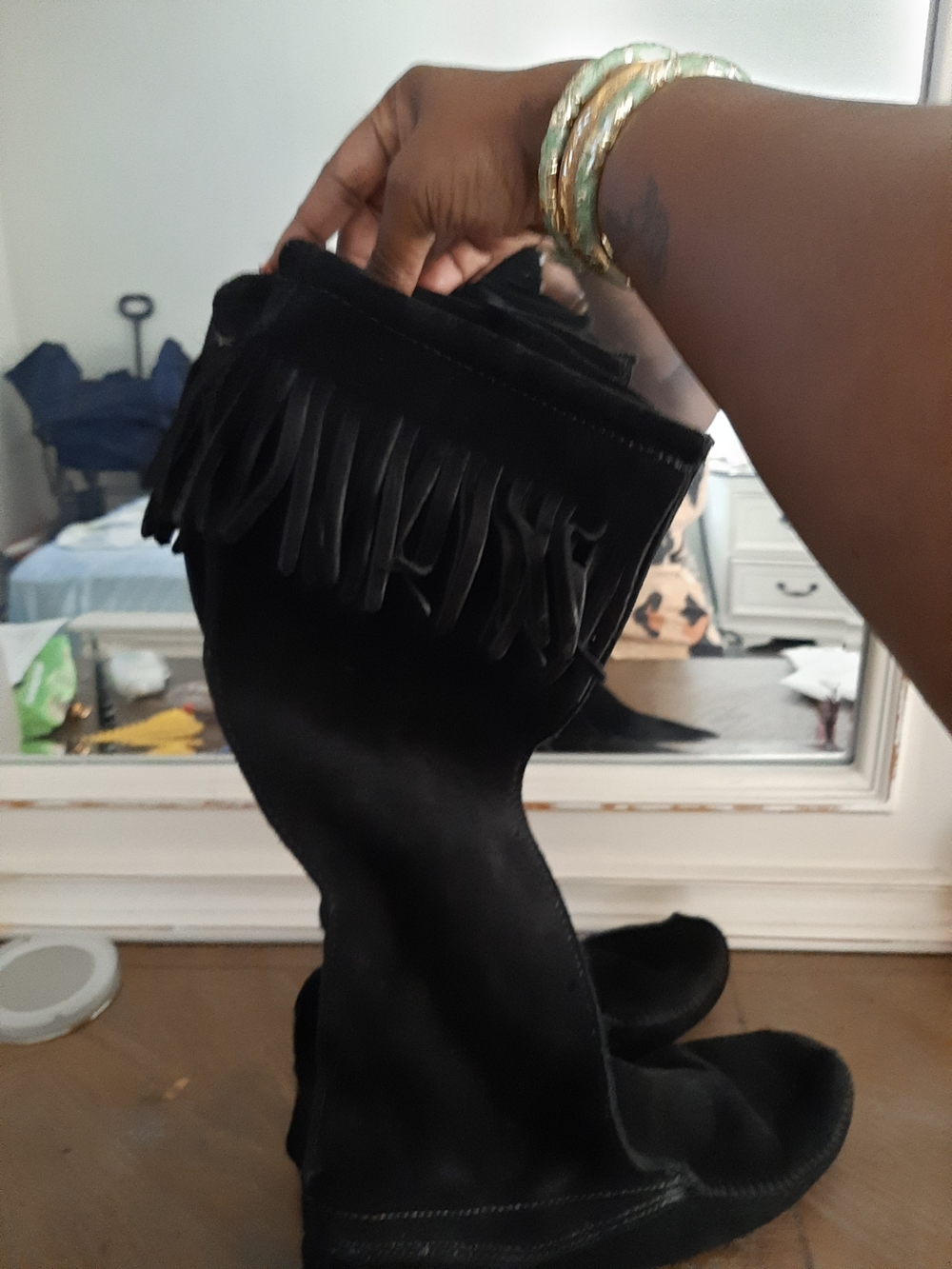 MinnetonkaBlack Suede Fringe Knee-High Boots
